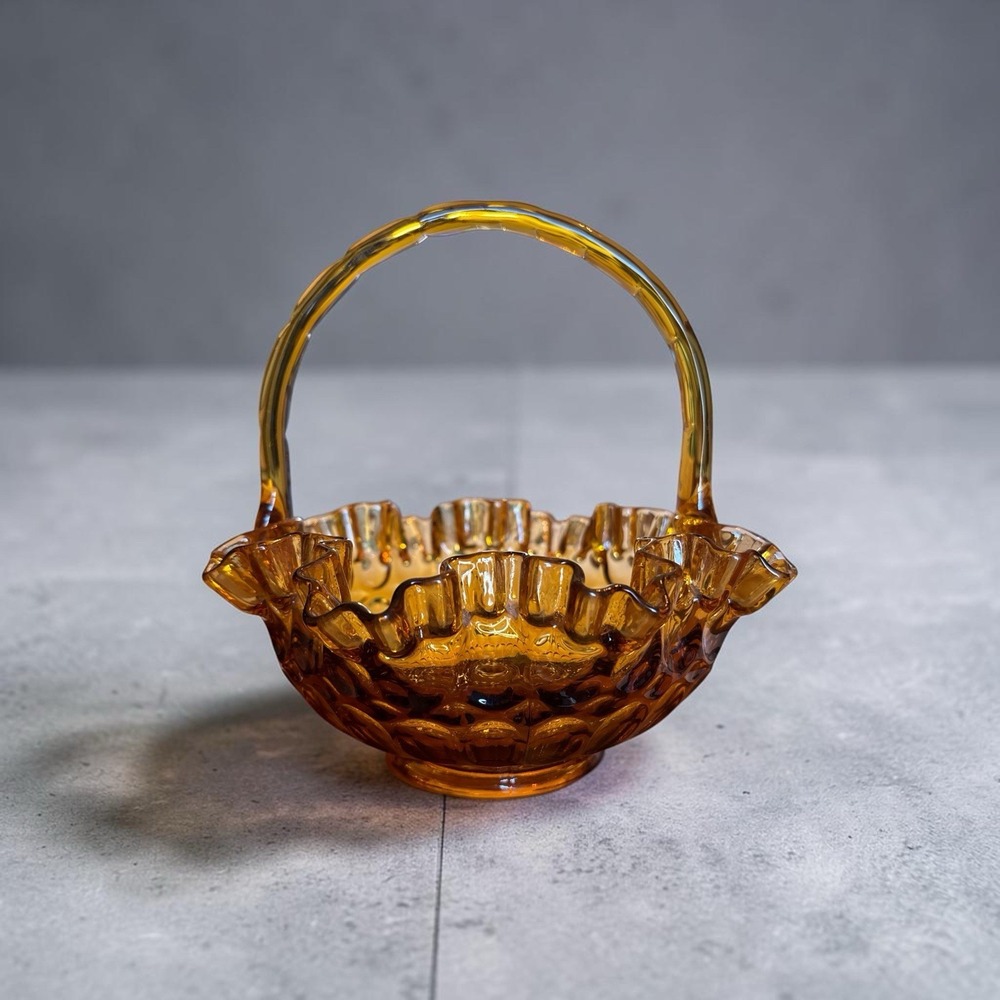 Vintage 1960's Fenton Art Glass Thumbprint Crimp Edge Basket Colonial Amber 8"